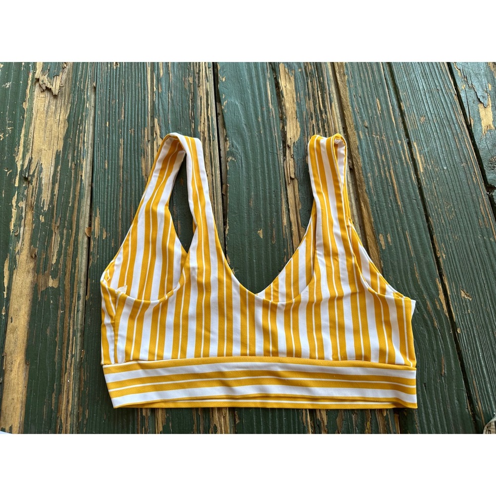 Yellow and White Striped V-Neck Bralette Bikini Top Wide Band Swimwear - Picture 2 of 5